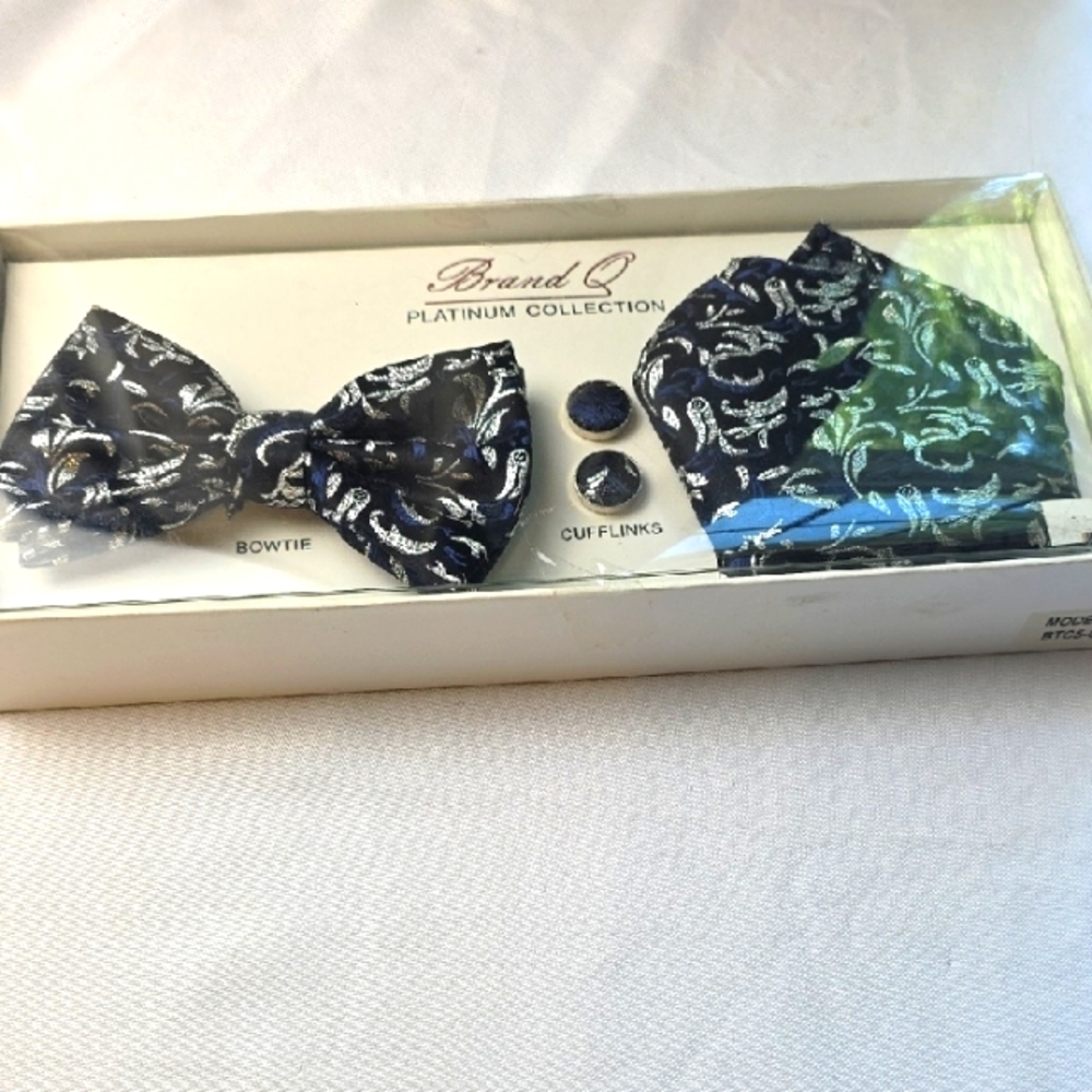 NEW Brand Q Platinum Collection Bowtie Cufflinks Pocket Square Set Black/Silver